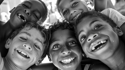 Black and white photo of a group of cheerful young friends laughing and showing genuine happiness
