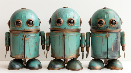 Vintage rusty tin color robot toys on a white background  - obrazy, fototapety, plakaty
