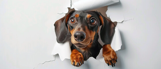 A happy cute dachshund dog rips a round hole through a white paper wall and peeps through the hole. Focus on the eyes of the dog. - obrazy, fototapety, plakaty