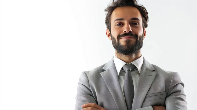 Close-up of a bearded, business man dressed in a gray suit and gray tie on a white background. Created with Generative AI.
