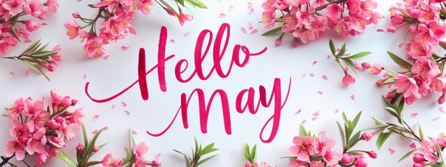 Abstract background with watercolor colorful splashes and flowers. Hello May handwritten modern calligraphy lettering. Spring concept background.