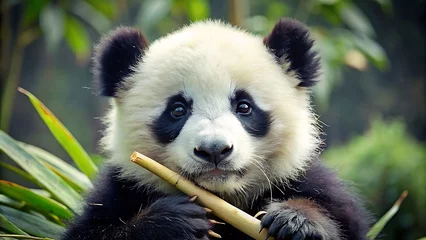 Poster Generative ai. A fluffy baby panda munching on bamboo shoots © Ali