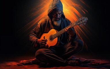 Musician from his guitars, abstract background.
