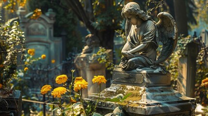 A weathered stone angel sculpture sits serenely in a tombstone of the grave