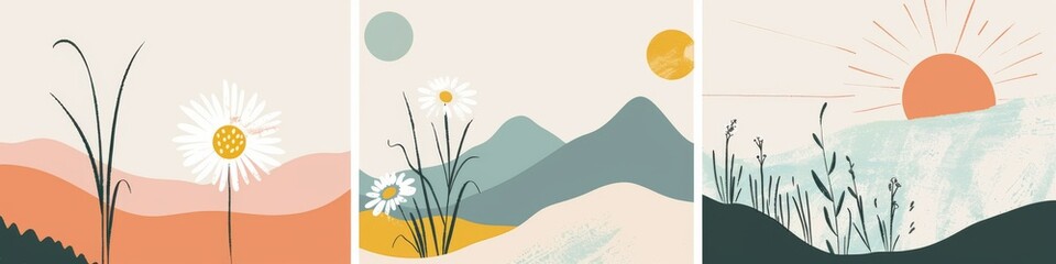 Abstract serene illustration featuring layered mountains with a warm sun and blooming flowers in a calming color palette, invoking a sense of peace and nature's beauty. Great as banner design. - obrazy, fototapety, plakaty