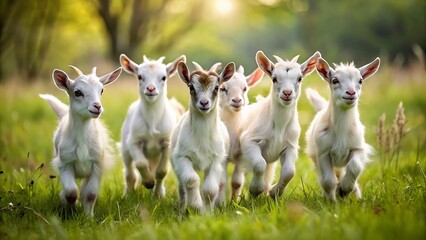 Generative ai. A group of adorable baby goats frolicking in a meadow