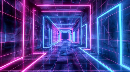 Neon lights reflecting off a sleek corridor creating an illusion of infinite space with a science fiction vibe