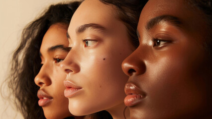 Obraz premium Three women of diverse beauty stand together, showcasing solidarity and friendship.