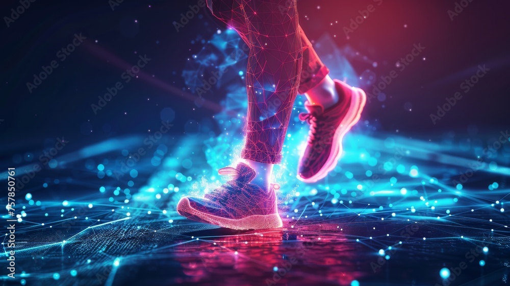 Poster runners' feet. low polygonal design. abstract geometric background. wireframe light connection struc