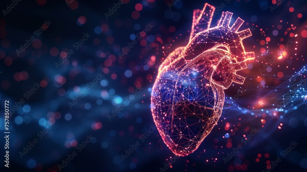 Leinwandbilder This is a low poly heart beat 3D wave on a dark background. Abstract cardiogram in line, dot and polygon form. Digital music sound  network. Futuristic wireframe curve with cardiology rhythms.