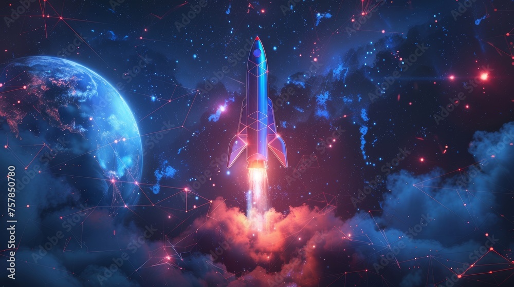 Aufkleber Launching rocket with clouds of smoke. Low poly style design. Abstract geometric background. Wireframe light connection structure. Modern 3D graphic concept. Isolated  illustration.