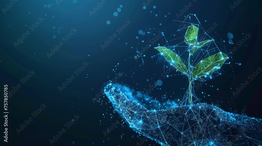 Leinwandbilder the abstract design shows a hand giving a hand to a young plant in soil against a blue geometric bac