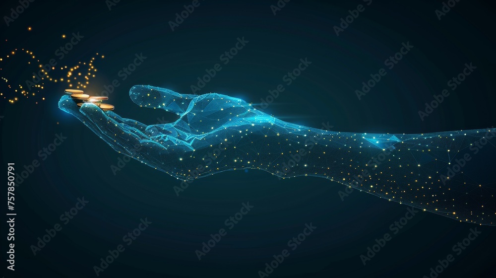 Aufkleber A polygonal hand tosses coins in an abstract style isolated on white. Visual concept for business and finance. Low poly wireframe  illustration. Line and point with destruct shapes.