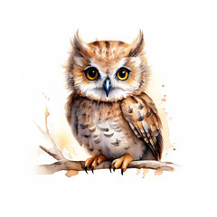 Watercolor owl isolated on white background. Hand-drawn illustration. Owl isolated on white background. 