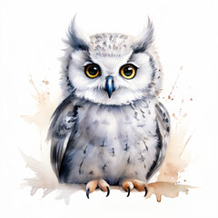 Watercolor owl isolated on white background. Hand-drawn illustration. Owl isolated on white background. 