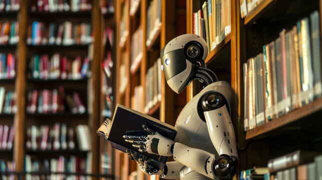 A humanoid robot is reading a book, surrounded by bookshelves, suggesting concepts of learning and automation
