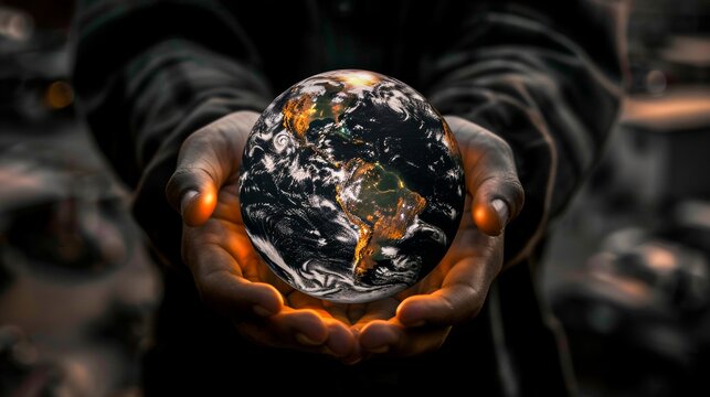 A pair of hands present a luminous Earth, highlighting environmental care and global unity