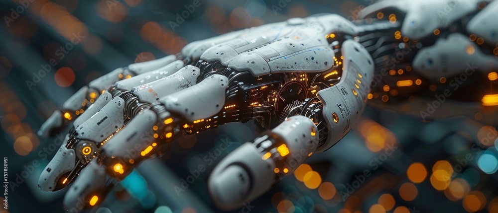 Poster A man using smart robot AI technology to assist in chatbot, chat ai, making images, writing code, and analyzing data on a website or using software technology AI.