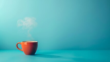 An orange coffee cup releases steam against a calming blue background, inviting a moment of relaxation - obrazy, fototapety, plakaty