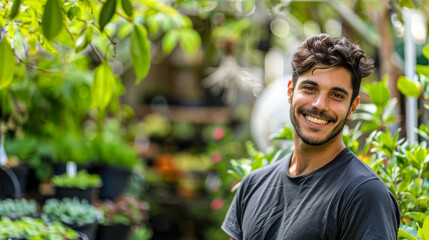 Naklejka na ściany i meble Smiling young man with curly hair standing in a greenhouse, surrounded by green plants