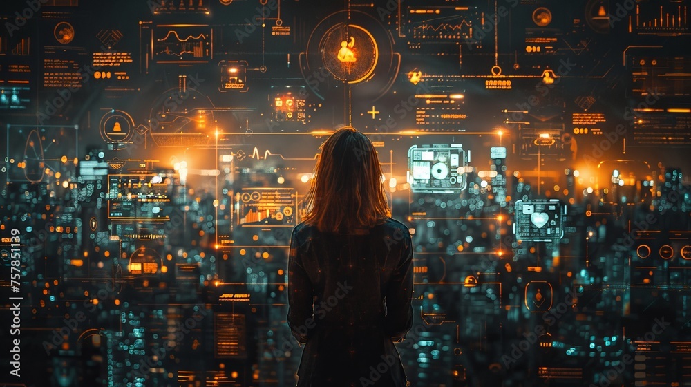 Poster The future of Industry 4.0 in industry and business virtual diagrams with AI, robot assistants, cloud, big data and automation. Professional investor working on start-up project.