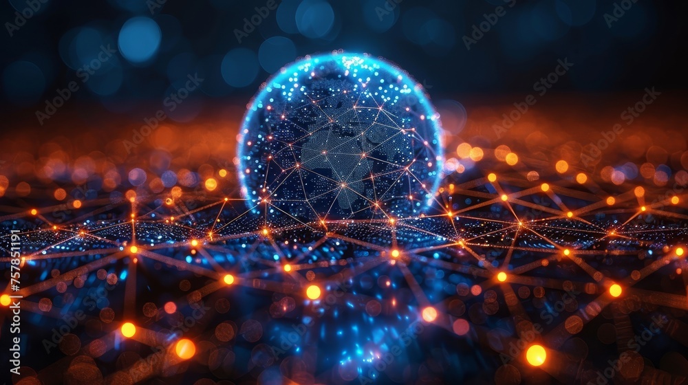 Leinwandbilder Sphere visualization with text. HUD wireframe mesh sphere with dot and lines. Visualization data infographics design. Science technology. Analyzing data...