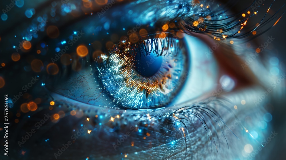 Poster wallpaper with blue eye interface. biometrics and scanning concept. double exposure.