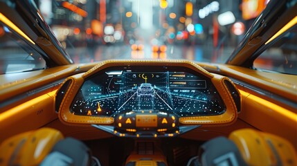 Smart car (HUD) concept image. Empty cockpit inside vehicle, and the screen of the car in self-driving mode.