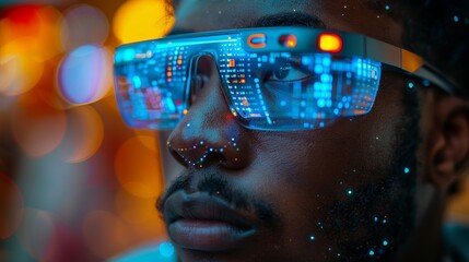 The young man is wearing smart glasses, a heads-up display, wearable computing, a wearable device, the internet of things, abstract image visuals, video of an abstract image, - obrazy, fototapety, plakaty