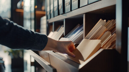 Hand selecting a book from a shelf, symbolizing choice, education, and knowledge in a library. - obrazy, fototapety, plakaty