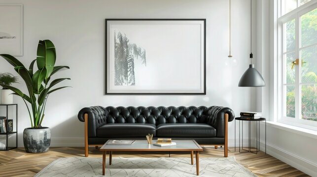 Mid-Century modern living room Interior Design, A coffee table beside attractive sofa. The wall of home decor with a beautiful poster frame.