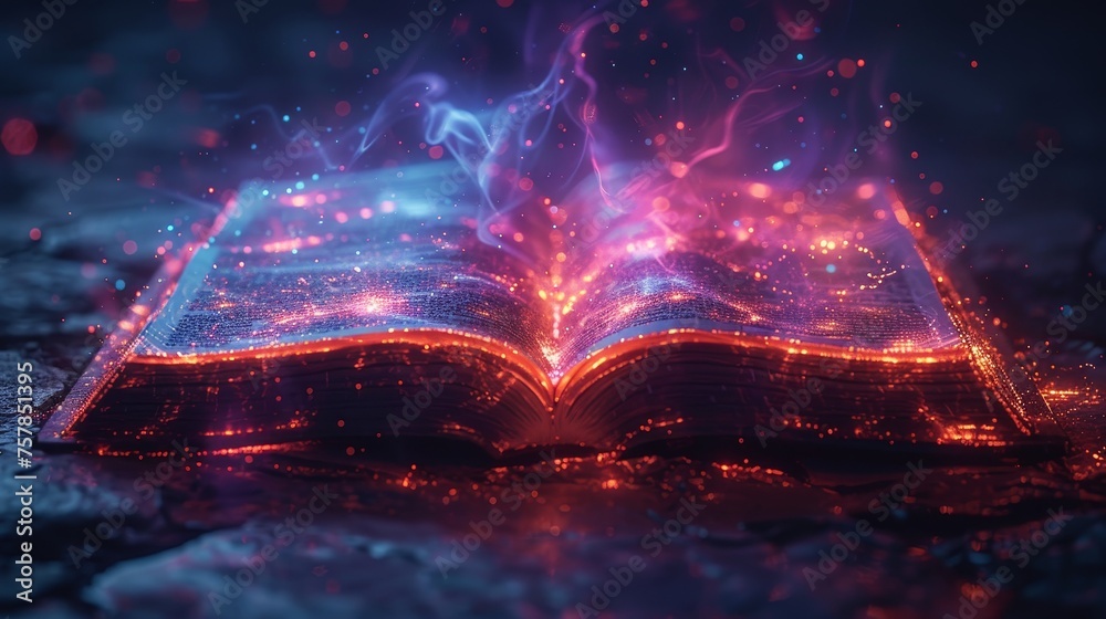Poster knowledge and wisdom symbol represented by a digital book shown in a futuristic style. illustration 