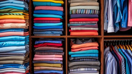 A variety of neatly arranged colorful clothes and shirts on shelves offering a visual representation of fashion choices