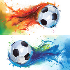 illustration of soccer balls in orange blue and green waves and splashes, on a white background with space for text, abstract background illustration
