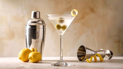 Elegant classic martini cocktail with green olives and lemon twist, with shaker and peels on a textured surface - obrazy, fototapety, plakaty