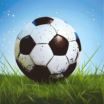 illustration of a football ball on a background of lawn and sky, background image with place for text