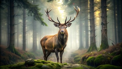Generative ai. A majestic stag with impressive antlers standing proudly in a forest