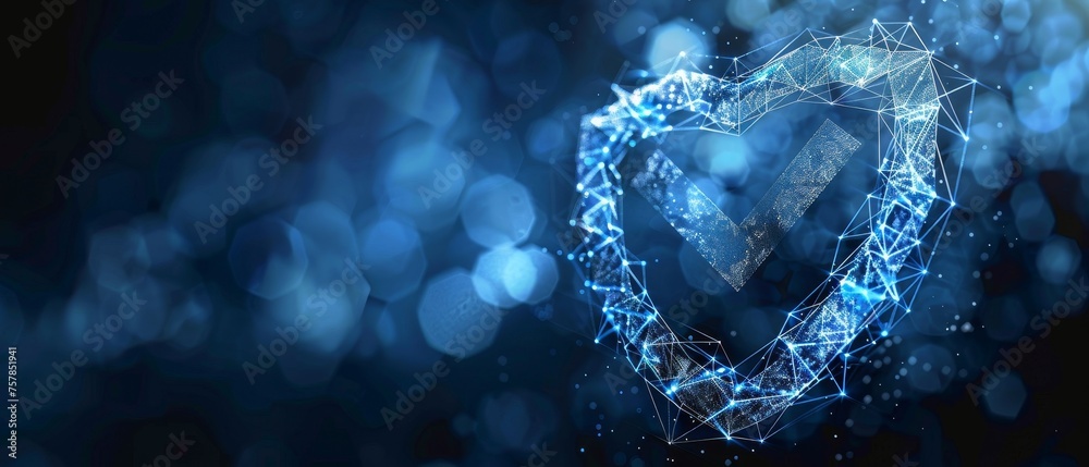 Poster Technology for securing data. Polygonal wireframe shield with checkmark sign on dark blue. Service for securing data. Cyber shield, antivirus solution, internet safety, firewall system, privacy