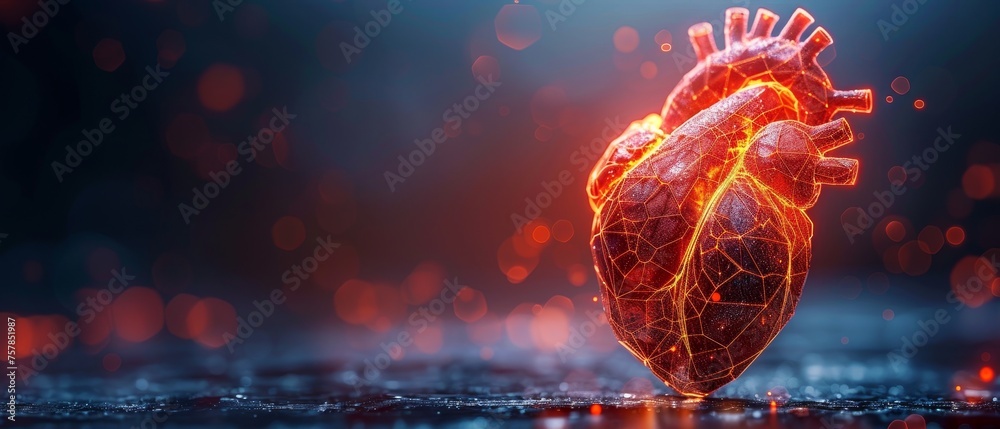 Aufkleber heart with pain center . low polygonal wireframe and points. polygonal white 3d human organ on dark 