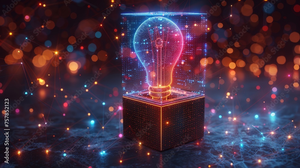 Poster abstract open box with light bulb. geometric background. wireframe light connection structure. moder