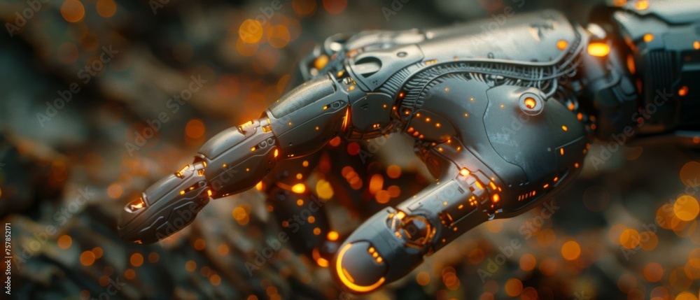 Poster This is an artificial intelligence, robo advisor, chatbot, robotic concept. A robot finger points to the laptop button with flares of light.
