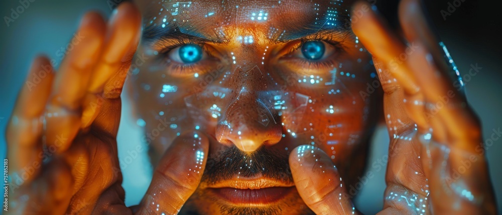 Poster Arab man using hologram in future user interface concept. GUI (Graphical User Interface). Display (Head Up Display). Internet of Things.