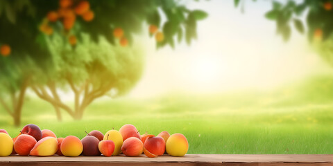 wooden table with fruits on the background of the garden. Fresh spring season with copy space.