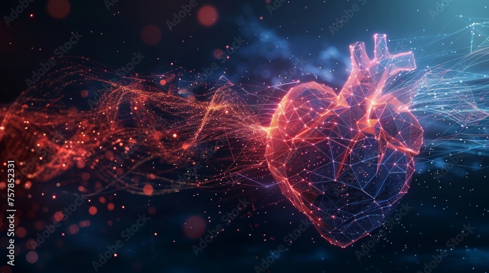 Leinwandbilder An abstract heartbeat or cardiogram based on lines, dots, and polygons on a dark background. Futuristic wireframe curve of a cardiology rhythm with futuristic wireframe modeling.