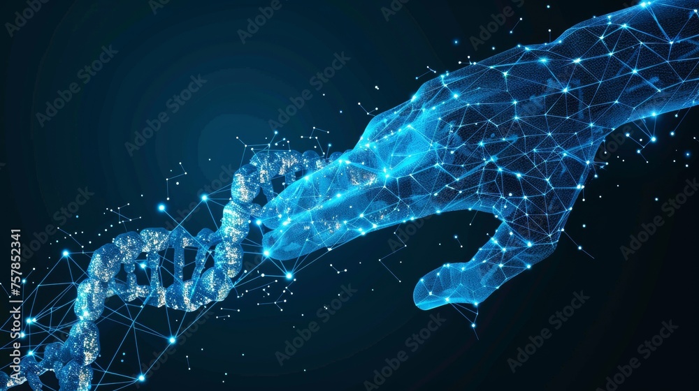 Aufkleber illustration of a blue giving hand with flying 3d dna molecule helix. low poly style. graphic geomet