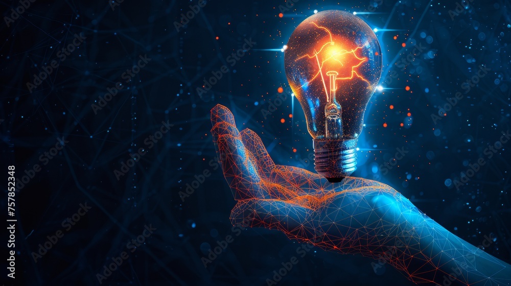 Aufkleber A hand holding a light bulb. Low poly style design. Blue geometric background. Wireframe light connection structure. Modern 3D graphic concept. Isolated  illustration.