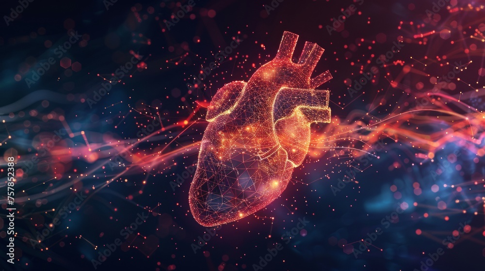 Aufkleber 3D low poly wave of a heartbeat on a dark background. Abstract heartbeat or cardiogram with lines, dots and polygons. Digital music sound  network. Futuristic wireframe curve of a heartbeat.