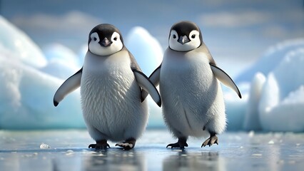 Obraz premium Generative ai. A pair of cute penguins waddling across the ice
