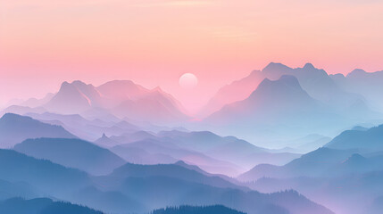 misty sunrise silhouette over a mountain range, pastel colours - obrazy, fototapety, plakaty