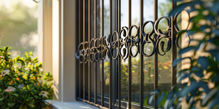 Elegant Wrought Iron Window Grill. Close-up of ornate wrought iron window grill. Decorative and protective wrought iron grids.